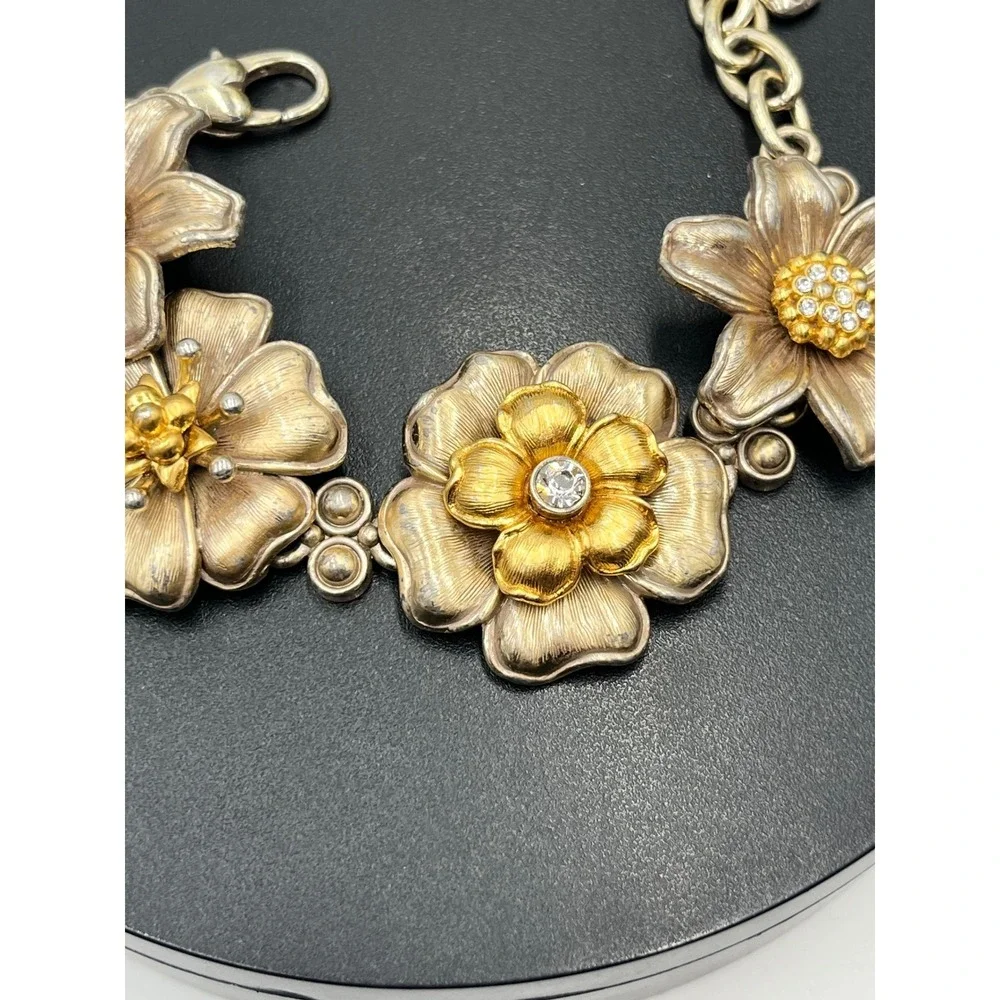 Brighton‎ Vintage Retro Garden Flower Two-Tone 3-D Crystal Brushed Bracelet